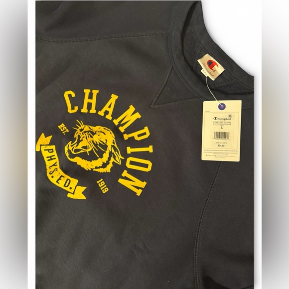 Champion Women’s Short Sleeve Navy Sweatshirt with Yellow Logo - Picture 2 of 4
